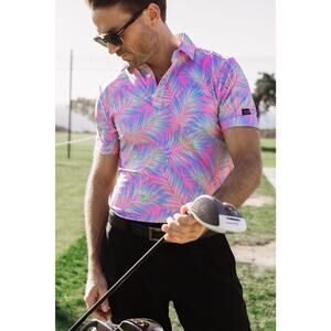 Sunday Swagger Maldives Neon Palms Stretch Performance Knit Golf Polo Shirt L